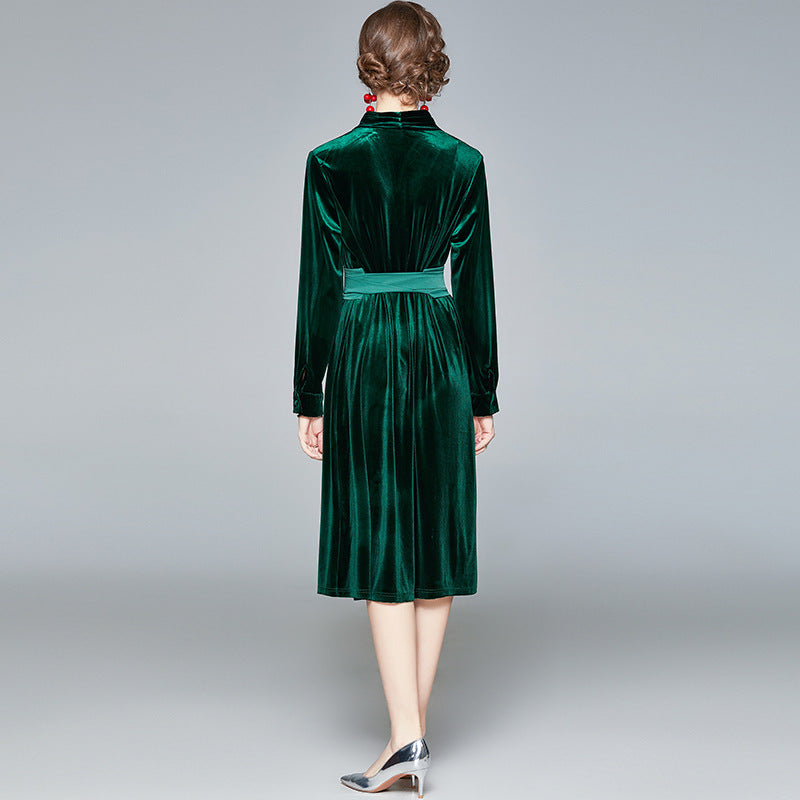 Damen Samt-Midikleid mit Stehkragen und tailliertem Bindegürtel Drune