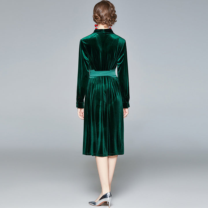 Damen Samt-Midikleid mit Stehkragen und tailliertem Bindegürtel Drune