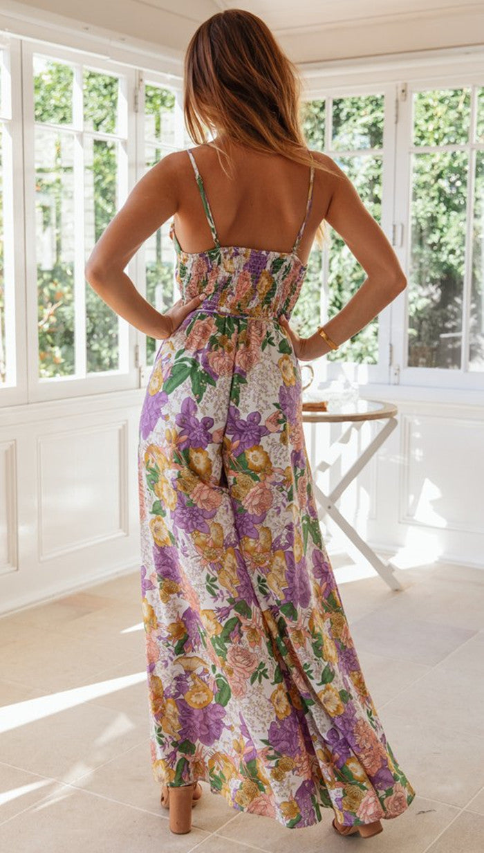 Damen romantischer Jumpsuit mit fließendem Schnitt und tiefem V-Ausschnitt Drune