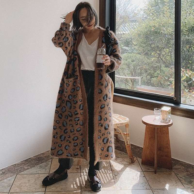 Damen Maximaler Oversize-Longcardigan aus Mohair-Optik mit Leopardenmuster und Eingrifftaschen Drune