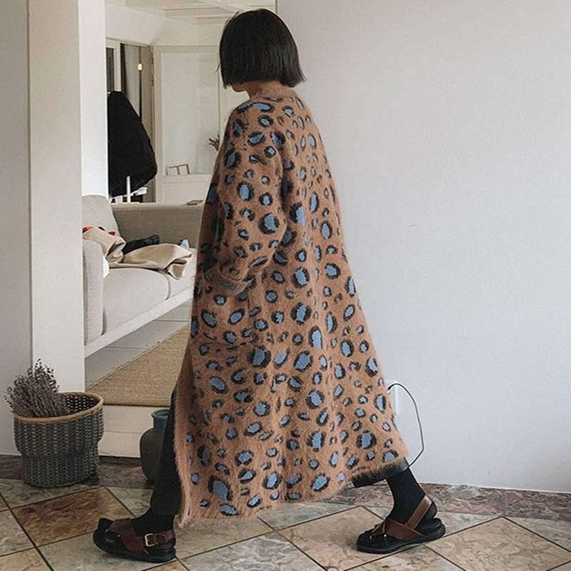 Damen Maximaler Oversize-Longcardigan aus Mohair-Optik mit Leopardenmuster und Eingrifftaschen Drune