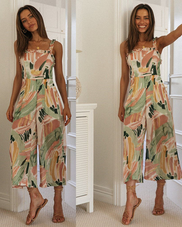 Damen Jumpsuit mit floralen Motiven und femininen Rüschen Drune