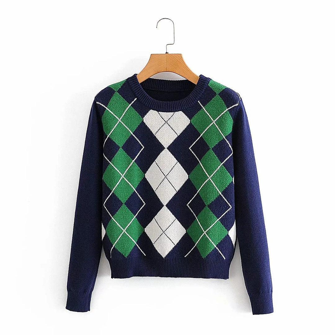 Damen nan Argyle Strickpullover mit Rundhalsausschnitt und geripptem Bund Drune