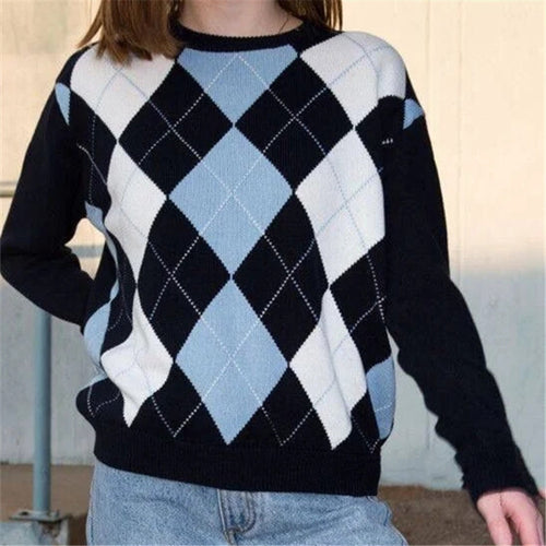Damen nan Argyle Strickpullover mit Rundhalsausschnitt und geripptem Bund Drune