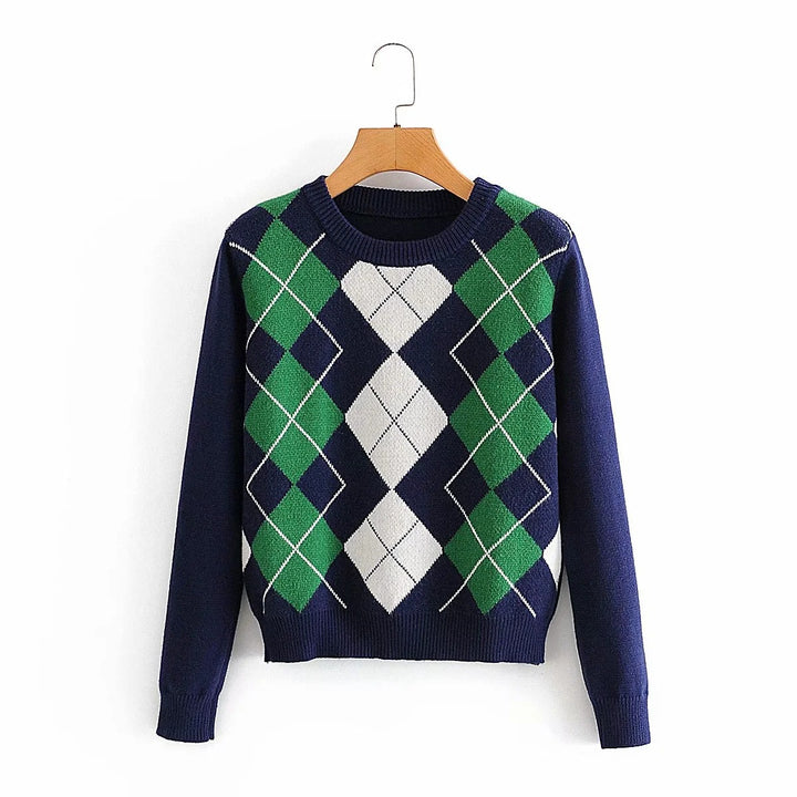 Damen nan Argyle Strickpullover mit Rundhalsausschnitt und geripptem Bund Drune