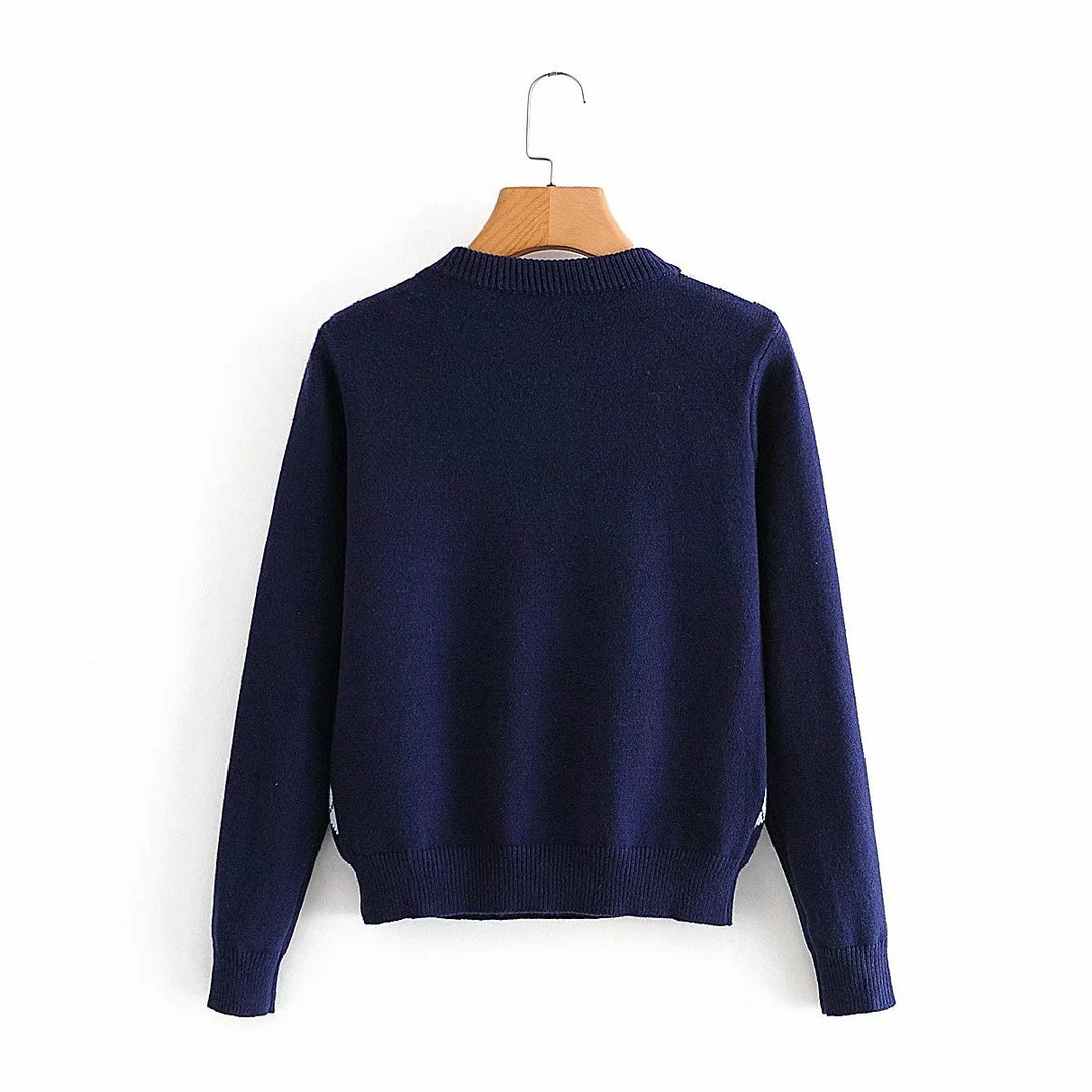 Damen nan Argyle Strickpullover mit Rundhalsausschnitt und geripptem Bund Drune