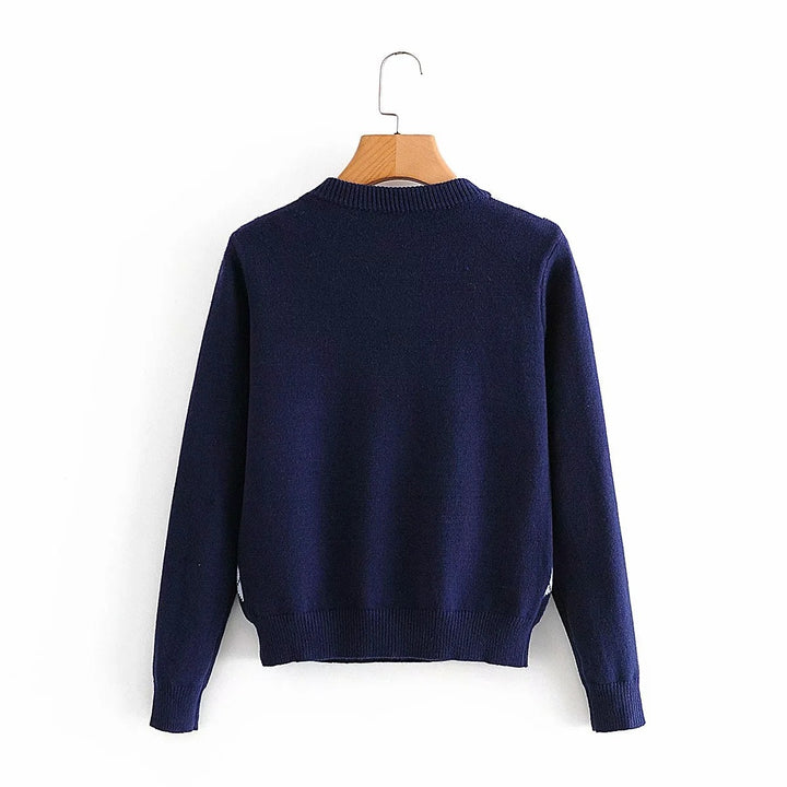 Damen nan Argyle Strickpullover mit Rundhalsausschnitt und geripptem Bund Drune