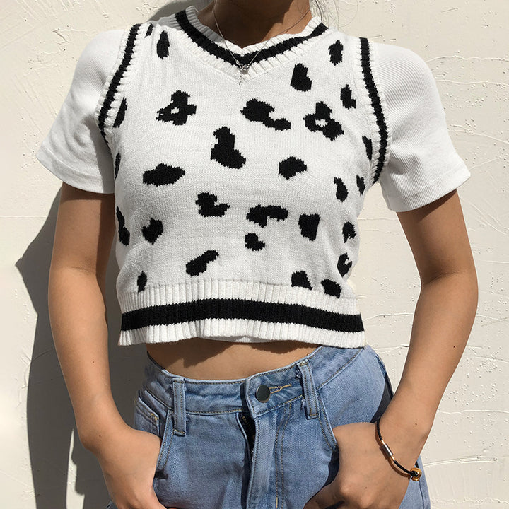 Damen süßes Strick-Crop-Top mit verspieltem Leopardenmuster Drune