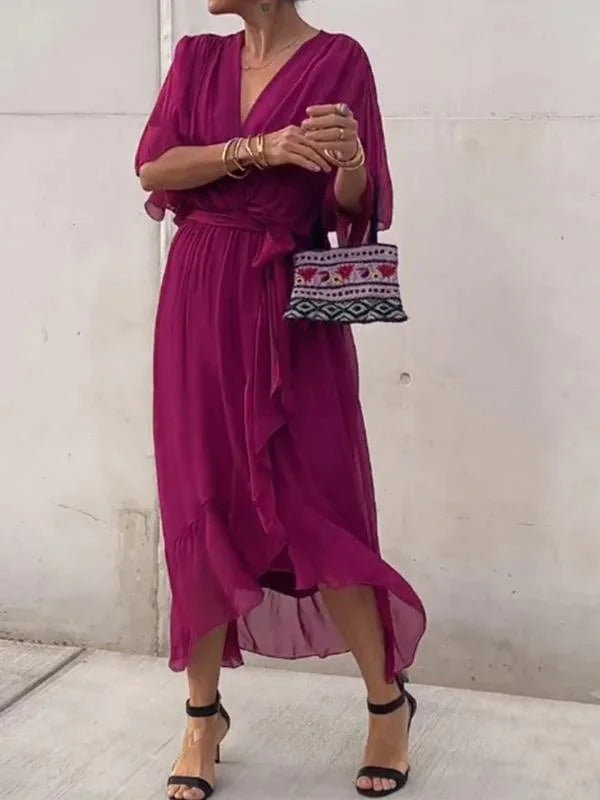 Damen Chiffonkleid Grün V-Ausschnitt Sommerkleid
