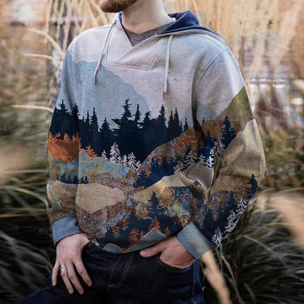 Herren geräumiger Kapuzenpullover mit großflächigem Bergwald-Print und Kängurutasche Drune