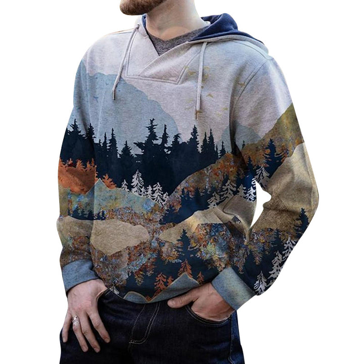 Herren geräumiger Kapuzenpullover mit großflächigem Bergwald-Print und Kängurutasche Drune