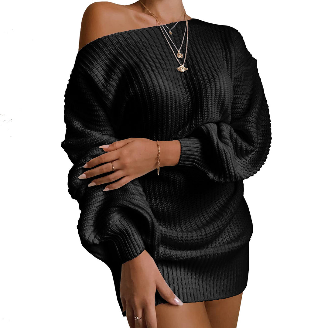 Damen Oversized Grobstrick-Kleid mit U-Boot-Ausschnitt und Ballonärmeln Drune