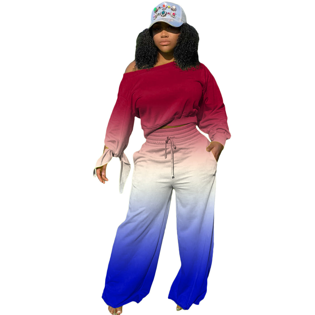 Damen Zweiteiliges Lounge-Set mit Off-Shoulder Crop-Sweatshirt, Bindärmeln und High‑Waist Palazzohose Drune