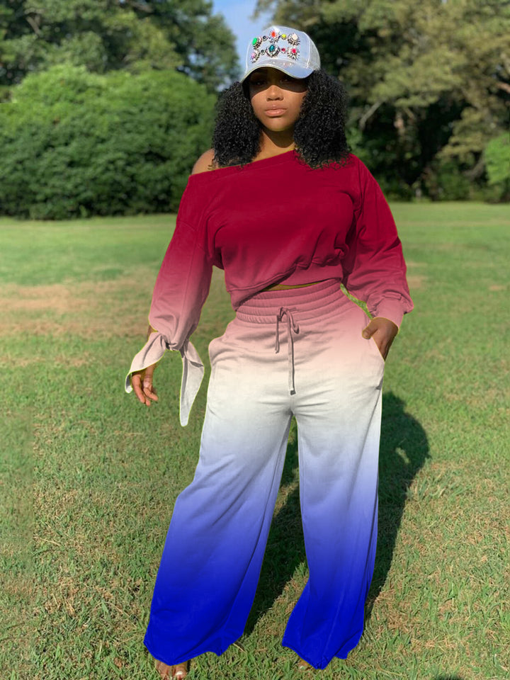 Damen Zweiteiliges Lounge-Set mit Off-Shoulder Crop-Sweatshirt, Bindärmeln und High‑Waist Palazzohose Drune