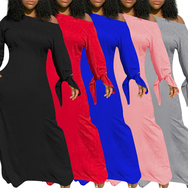 Damen Asymmetrisches Maxikleid mit Ein-Schulter, langen Ärmeln und Bindemanschetten Drune