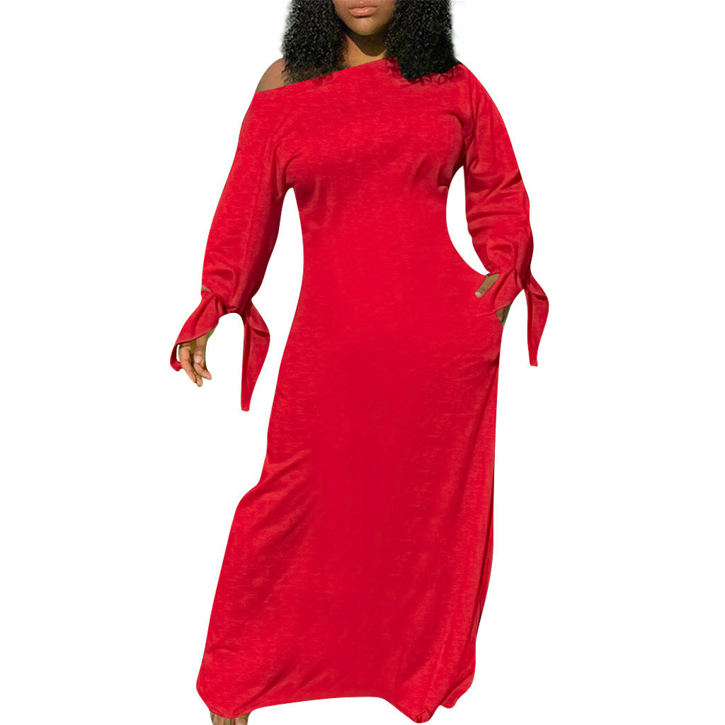 Damen Asymmetrisches Maxikleid mit Ein-Schulter, langen Ärmeln und Bindemanschetten Drune