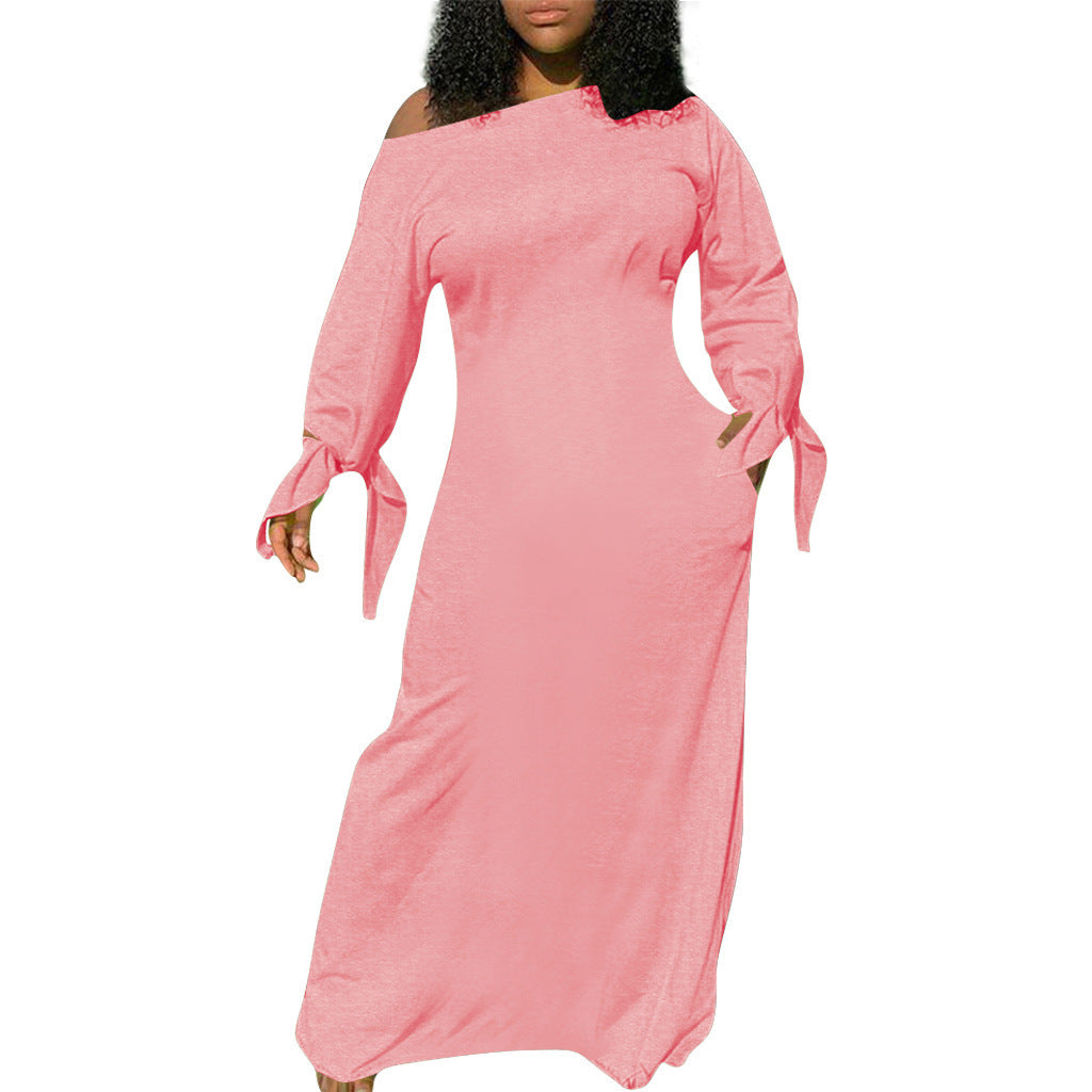 Damen Asymmetrisches Maxikleid mit Ein-Schulter, langen Ärmeln und Bindemanschetten Drune
