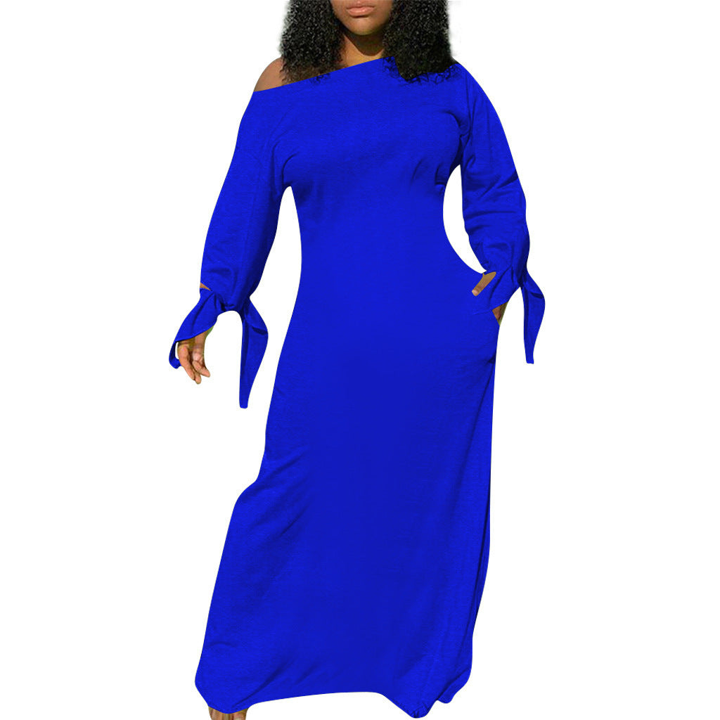 Damen Asymmetrisches Maxikleid mit Ein-Schulter, langen Ärmeln und Bindemanschetten Drune