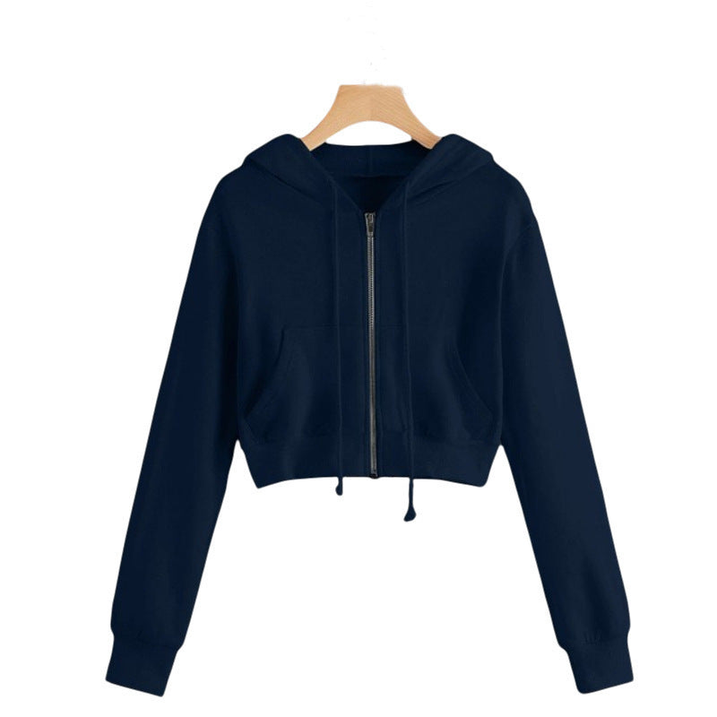 Damen Kurzer Reißverschluss Hoodie mit Kängurutasche Drune