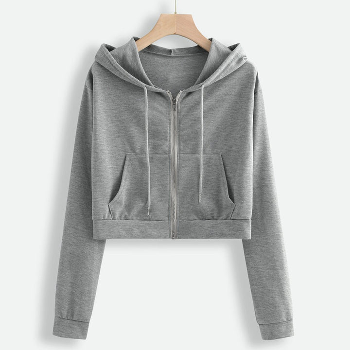Damen Kurzer Reißverschluss Hoodie mit Kängurutasche Drune