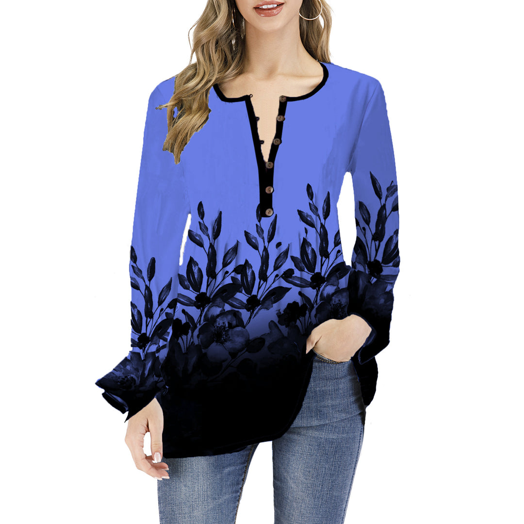 Damen Lockeres Langarm-Tunika-Shirt mit Henley-Knopfleiste und floralem Ombre-Print Drune