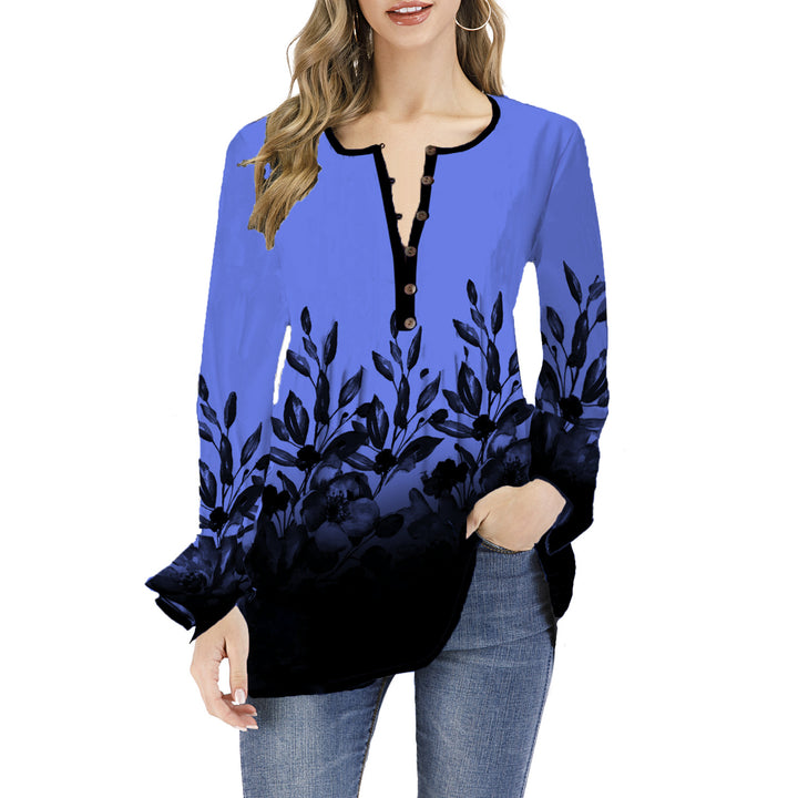Damen Lockeres Langarm-Tunika-Shirt mit Henley-Knopfleiste und floralem Ombre-Print Drune