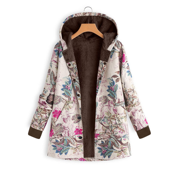 Damen Gefütterte Kapuzenjacke mit Kunstfellfutter, floralem Print und Eingrifftaschen Drune
