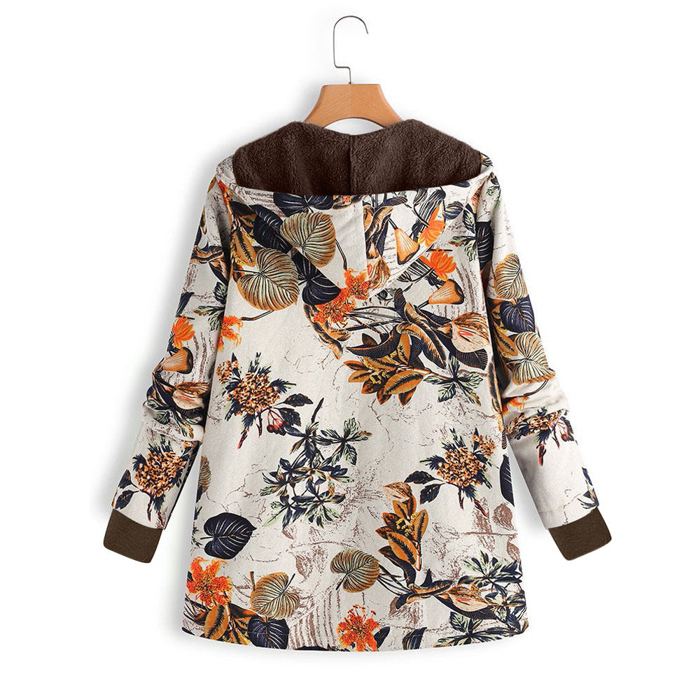 Damen Gefütterte Kapuzenjacke mit Kunstfellfutter, floralem Print und Eingrifftaschen Drune