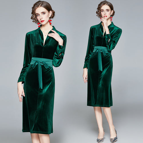 Damen Samt-Midikleid mit Stehkragen und tailliertem Bindegürtel Drune