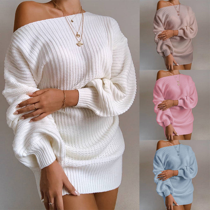 Damen Off-Shoulder Strickkleid mit voluminösen Ärmeln und strukturierter Oberfläche Drune