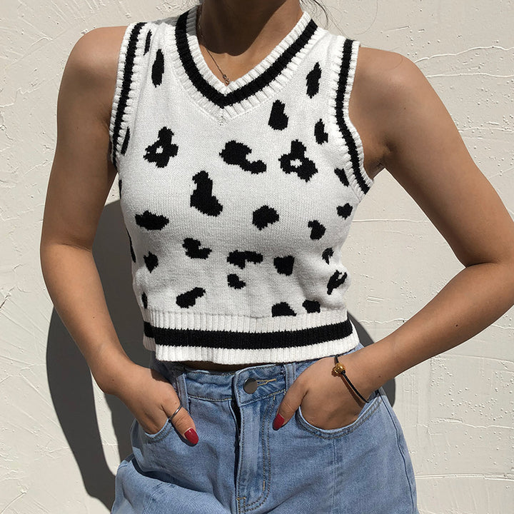 Damen süßes Strick-Crop-Top mit verspieltem Leopardenmuster Drune
