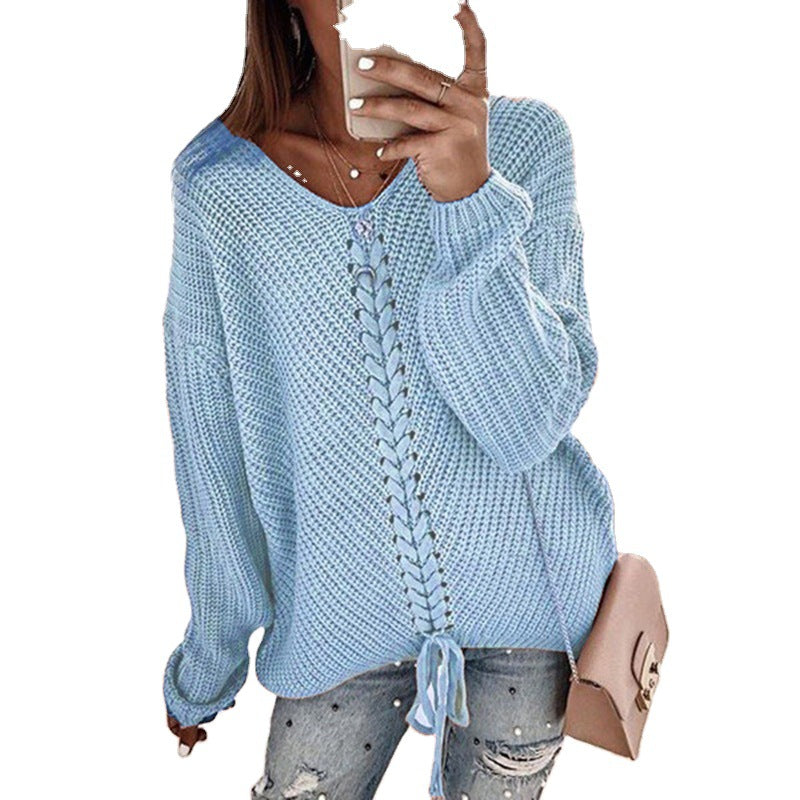 Damen Oversize Strickpullover mit V-Ausschnitt, Zopfstrick und Schnürung Drune