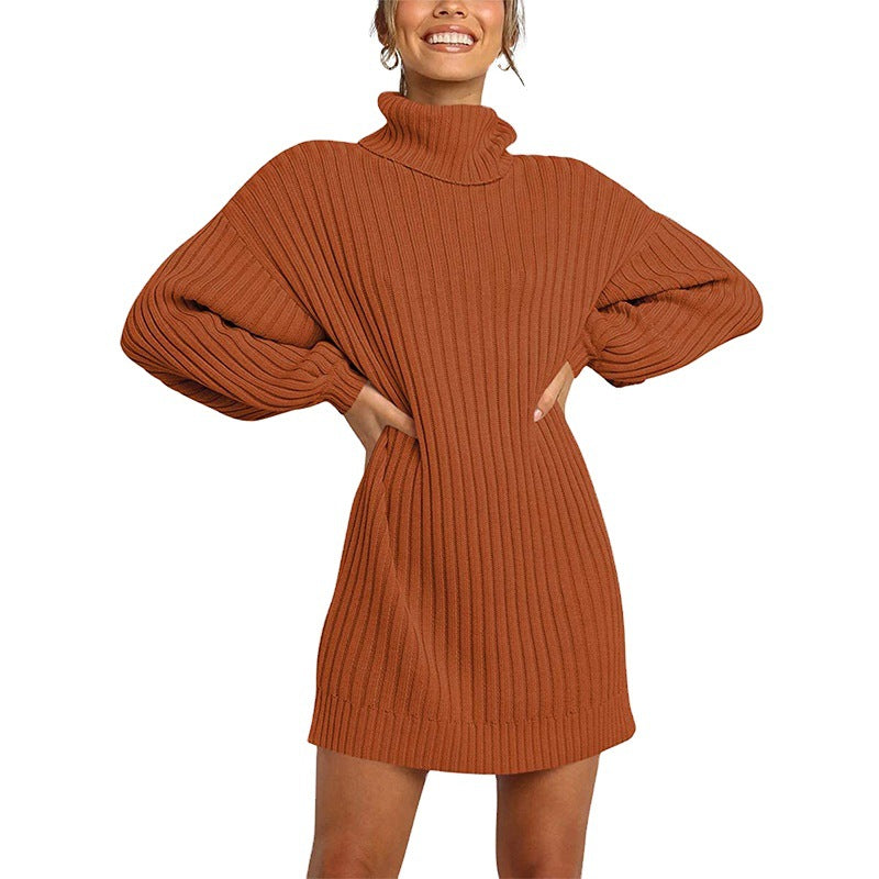 Damen Geripptes Rollkragen-Minikleid mit Oversize-Silhouette und Ballonärmeln Drune