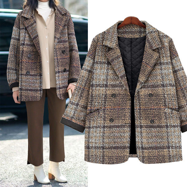 Damen Kurzkarierter Oversize-Wollmix-Mantel mit gesteppter Thermofütterung Drune