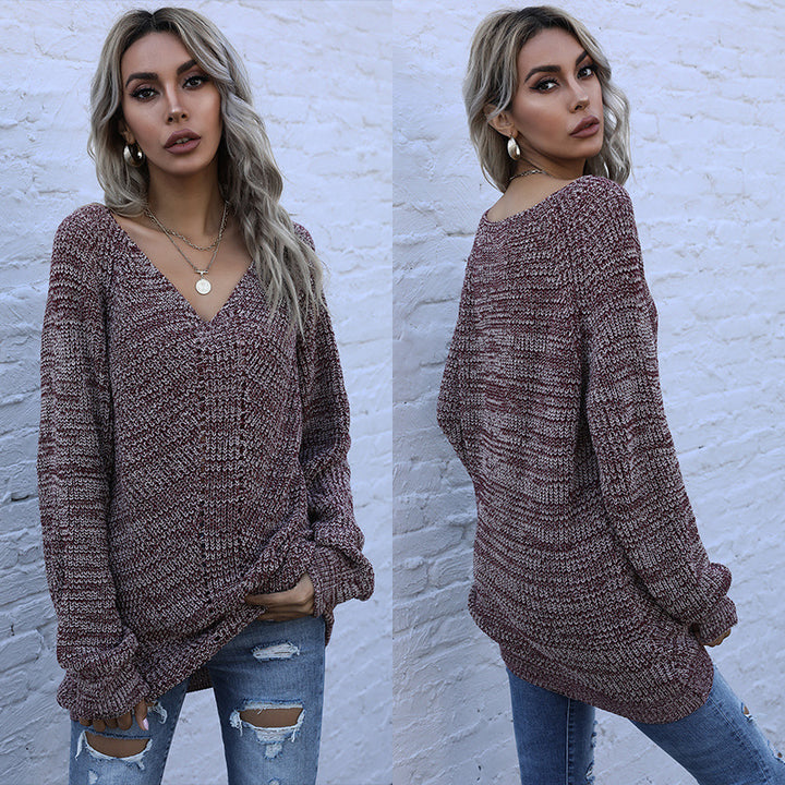 Damen Oversize Melierter V‑Ausschnitt-Feinstrickpullover mit Ballonärmeln & aufgesetzten Taschen Drune