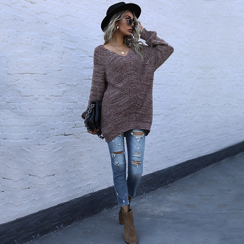 Damen Oversize Melierter V‑Ausschnitt-Feinstrickpullover mit Ballonärmeln & aufgesetzten Taschen Drune