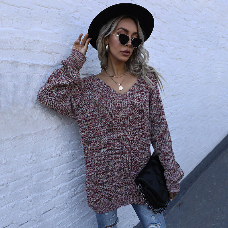 Damen Oversize Melierter V‑Ausschnitt-Feinstrickpullover mit Ballonärmeln & aufgesetzten Taschen Drune