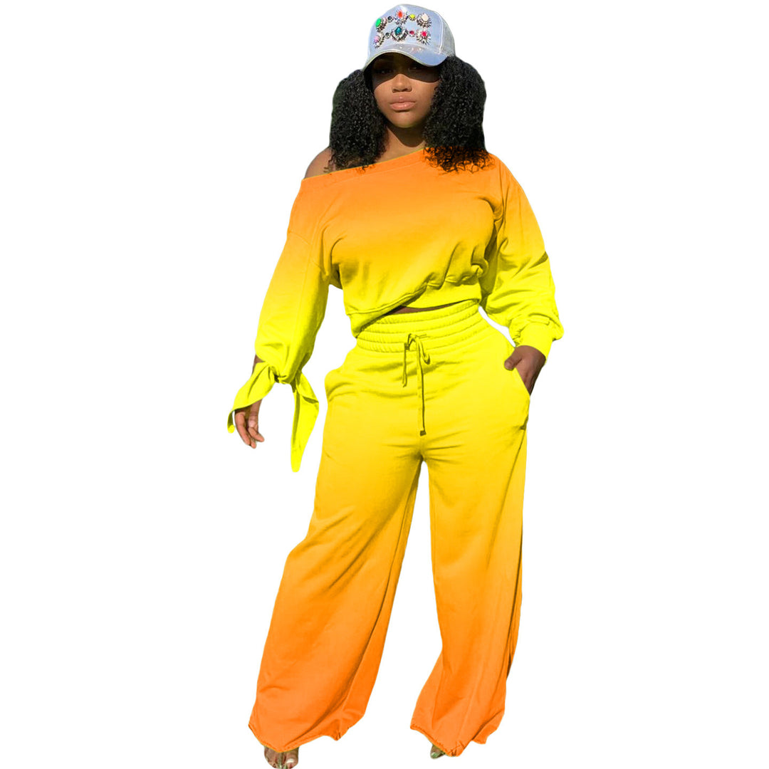 Damen Zweiteiliges Lounge-Set mit Off-Shoulder Crop-Sweatshirt, Bindärmeln und High‑Waist Palazzohose Drune