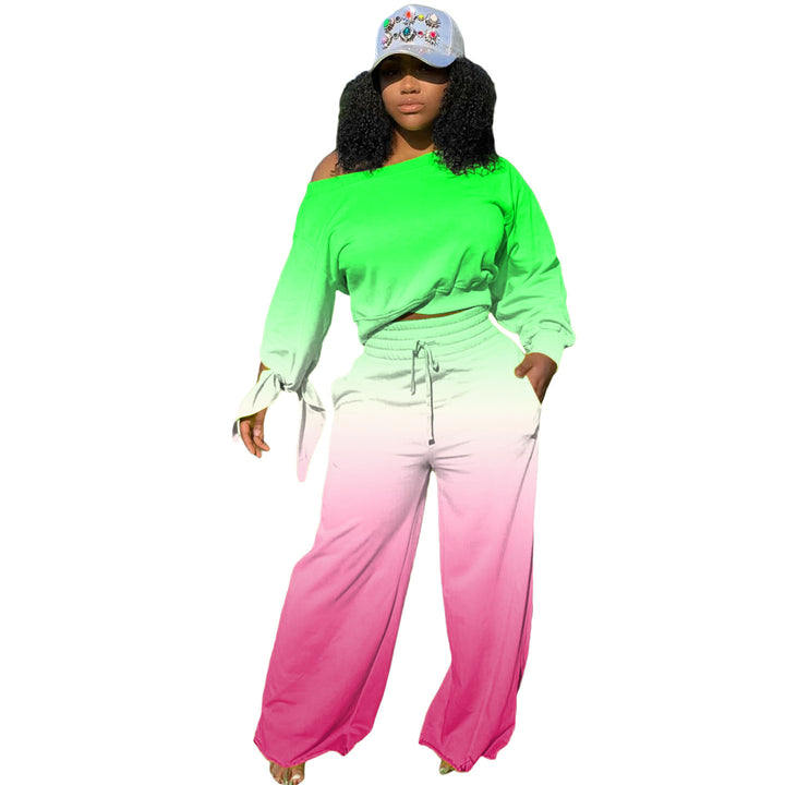 Damen Zweiteiliges Lounge-Set mit Off-Shoulder Crop-Sweatshirt, Bindärmeln und High‑Waist Palazzohose Drune