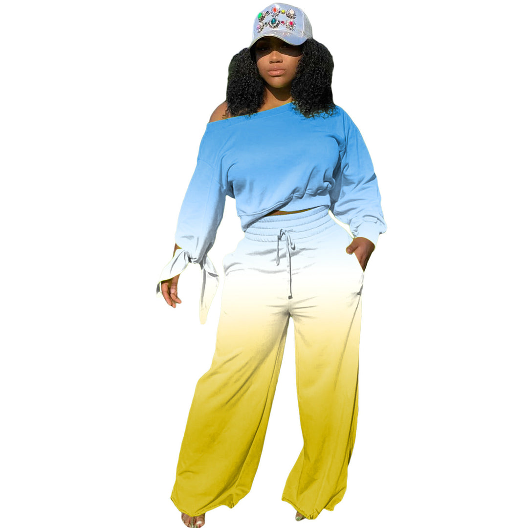 Damen Zweiteiliges Lounge-Set mit Off-Shoulder Crop-Sweatshirt, Bindärmeln und High‑Waist Palazzohose Drune