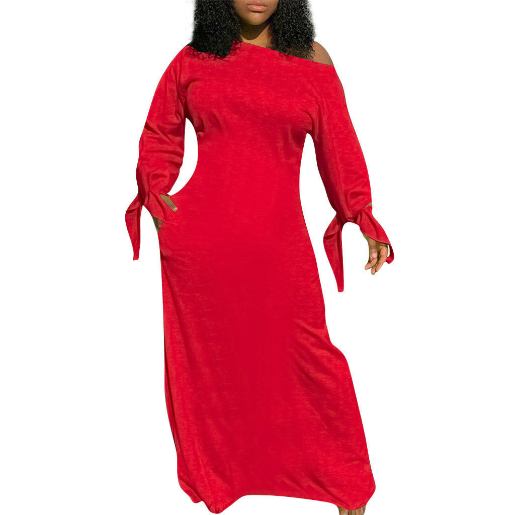 Damen Asymmetrisches Maxikleid mit Ein-Schulter, langen Ärmeln und Bindemanschetten Drune