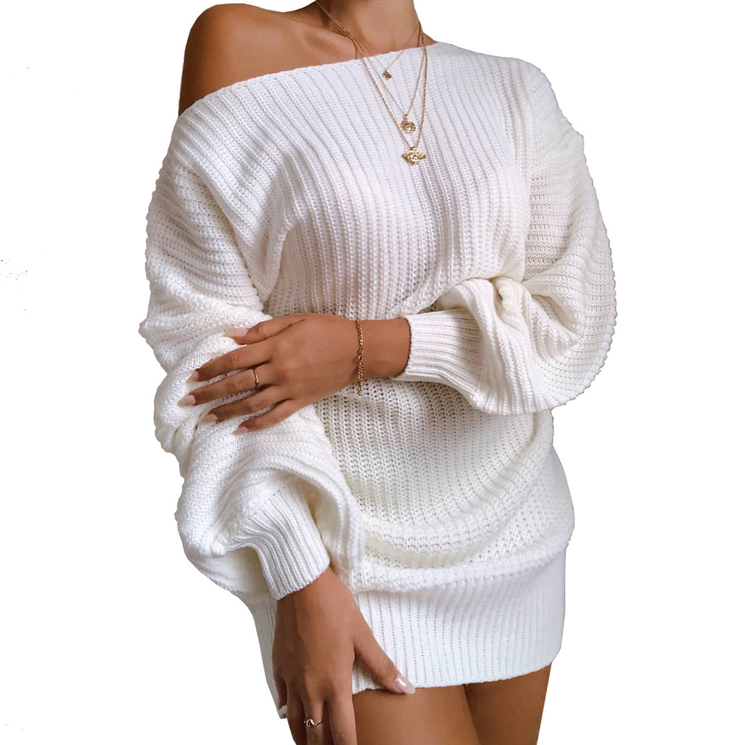 Damen Oversized Grobstrick-Kleid mit U-Boot-Ausschnitt und Ballonärmeln Drune