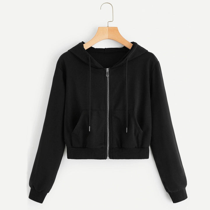 Damen Kurzarm Hoodie mit Reißverschluss und Kängurutasche Drune