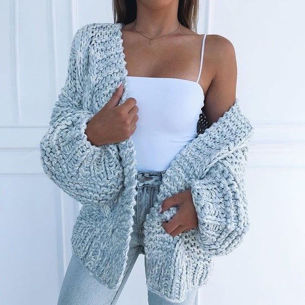 Damen Oversized Grobstrick-Cardigan mit Balloon-Ärmeln und offener Front Drune