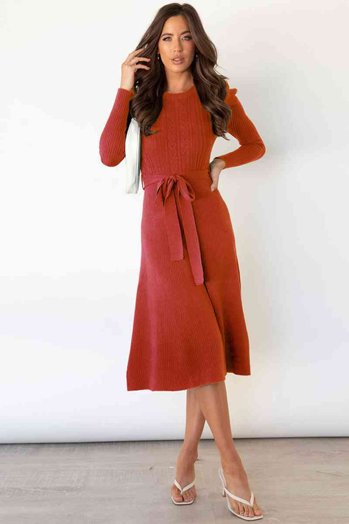 Drune | Rundhalsausschnitt Langarm Knoten Taille Pullover Kleid