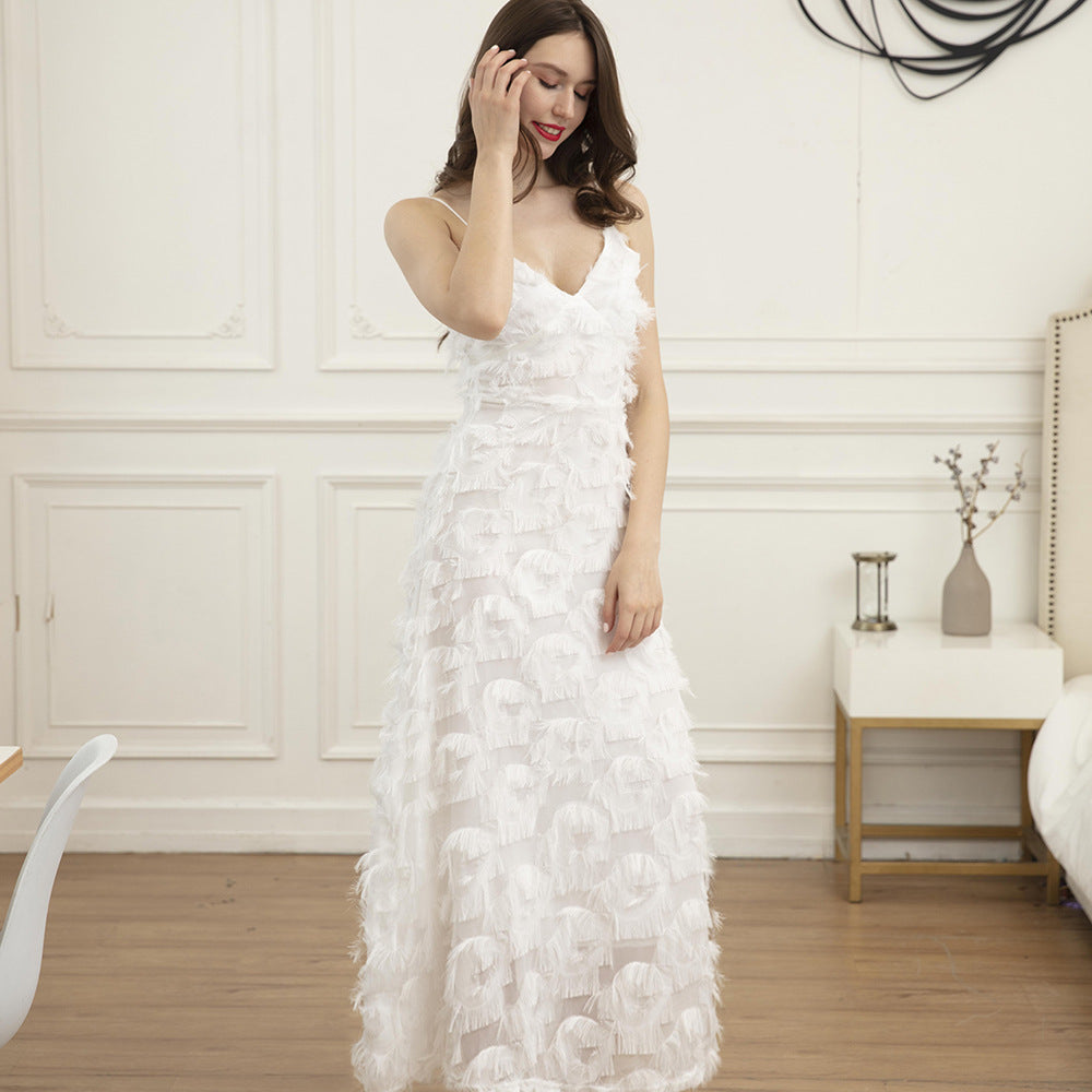 Damen Maxikleid mit trendigen Fransen und verführerischem V-Ausschnitt Drune