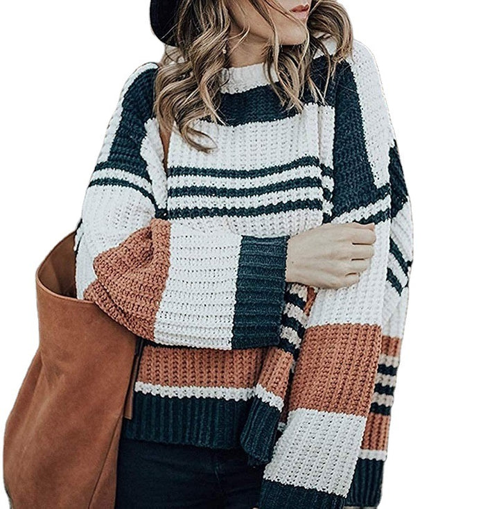 Damen Oversize Waffelstrick-Pullover mit Blockstreifen und überschnittenen Schultern Drune