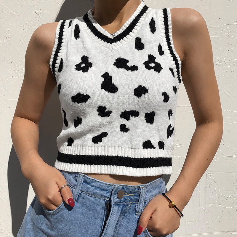 Damen süßes Strick-Crop-Top mit verspieltem Leopardenmuster Drune