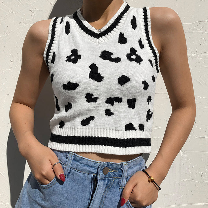 Damen süßes Strick-Crop-Top mit verspieltem Leopardenmuster Drune