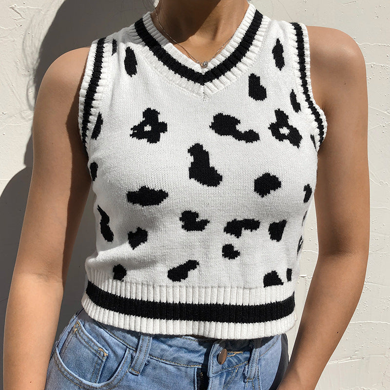 Damen süßes Strick-Crop-Top mit verspieltem Leopardenmuster Drune